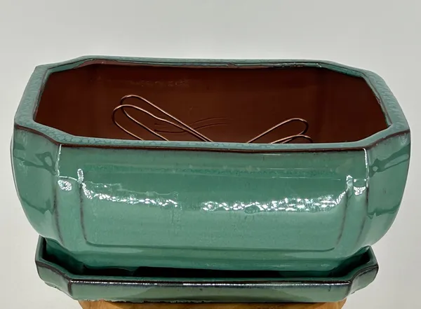 Light Green Ceramic Bonsai Pot, Rectangle With Attached Humidity/Drip tray 10.75" x 8.5" x 4.125"
