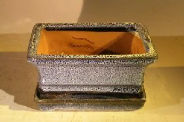 Marble Blue Ceramic Bonsai Pot, Rectangle with Attached Humidity/Drip tray 6.37" x 4.75" x 2.625"