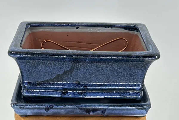 Marble Blue Ceramic Bonsai Pot, Rectangle with Attached Humidity/Drip tray 8.25" x 6.25" x 3.75"