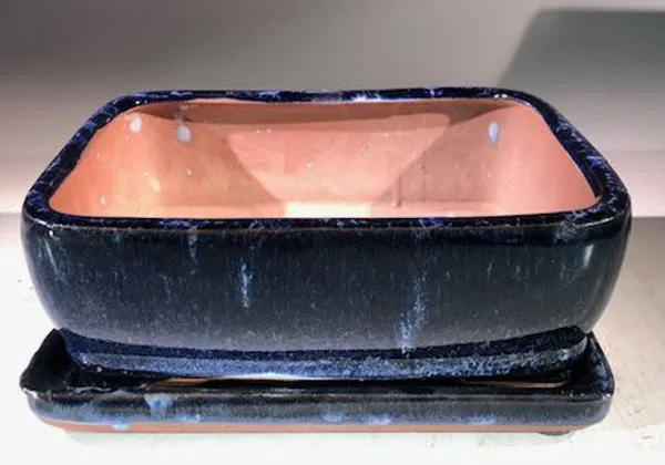 Marble Blue Ceramic Bonsai Pot, Rectangle With Humidity Drip Tray 8" x 6" x 3"