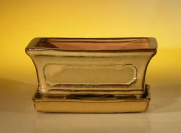 Olive Green Ceramic Bonsai Pot, Rectangle with Attached Humidity/Drip tray 6.37" x 4.75" x 2.625"