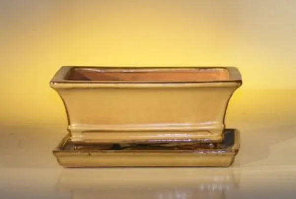 Olive Green Ceramic Bonsai Pot, Rectangle with Attached Humidity/Drip tray 8.5" x 6.5" x 3.5"