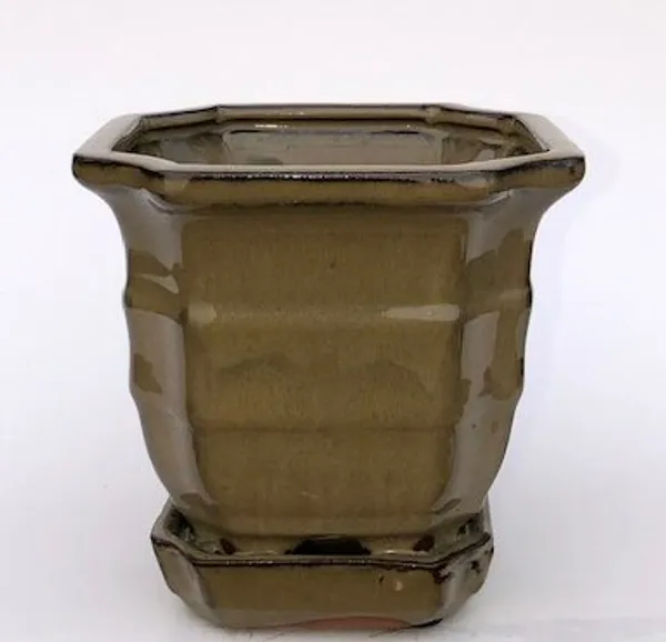 Olive Green Ceramic Bonsai Pot, Square With Attached Humidity / Drip Tray 5.5" x 5.5" x 5.5"