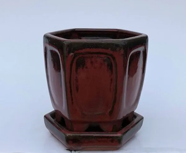 Parisian Red Ceramic Bonsai Pot, Hexagon With Attached Humidity Drip Tray 5.5" x 5.5" x 5.5"