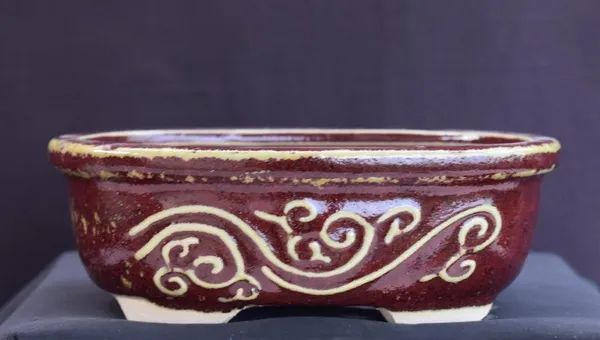Parisian Red Ceramic Bonsai Pot, Oval 7.5" x 5.75" x 2.5"