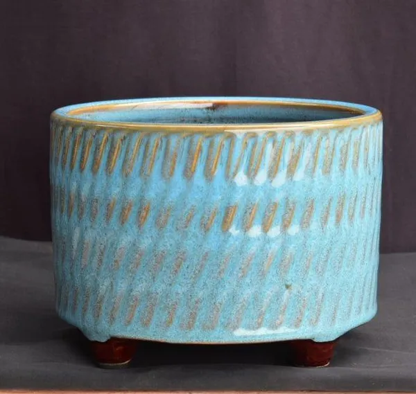Speckled Blue Ceramic Bonsai Pot, Round 7.0" x 5.0"