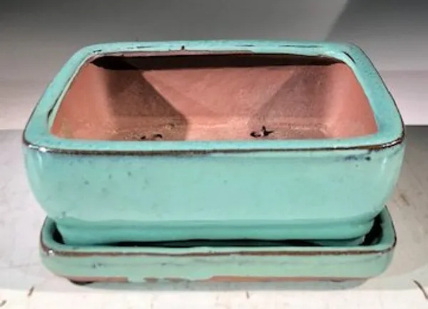 Turquoise Ceramic Bonsai Pot, Rectangle With Humidity Drip Tray 6" x 4.5" x 2.5"