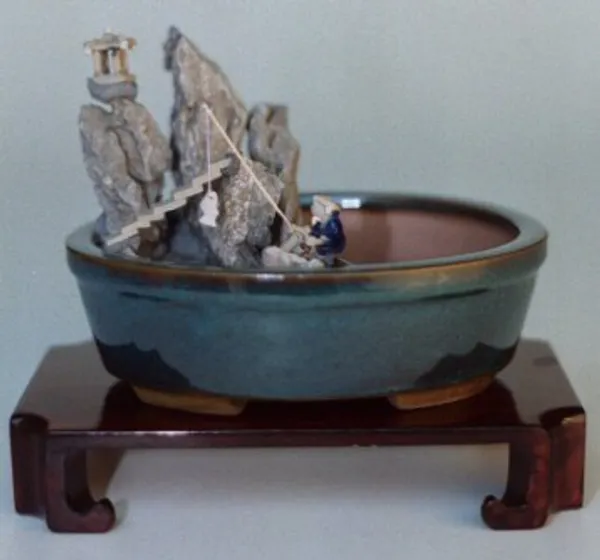 Water/Stone Landscape Scene Ceramic Bonsai Pot, 8" x 6"