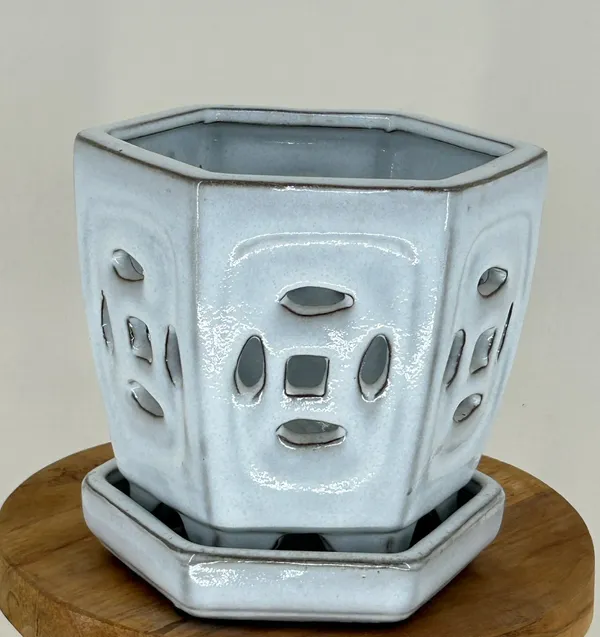White Ceramic Orchid Pot, Hexagon Shaped With Attached Humidity Drip Tray 5.5" x 5.0" x 5.125" tall