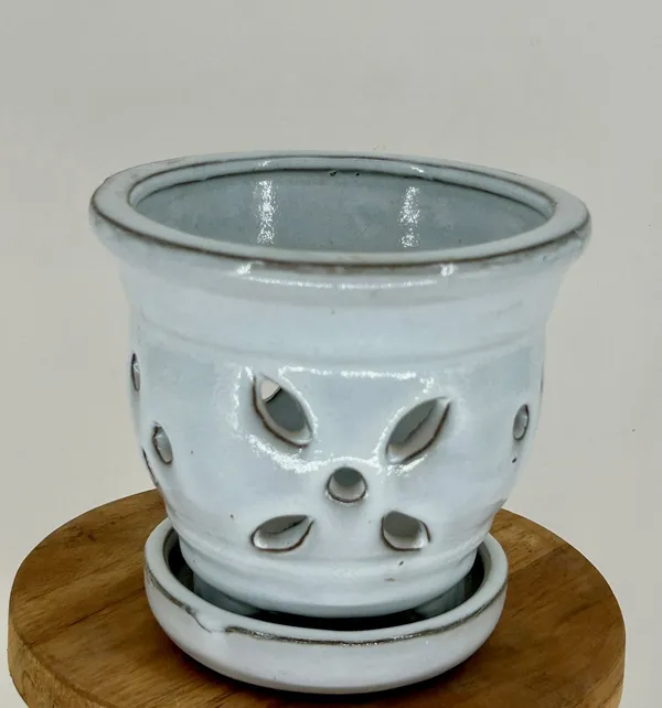 White Ceramic Orchid Pot, Round With Attached Humidity Drip Tray 5.5" x 5.5" x 5.25" tall