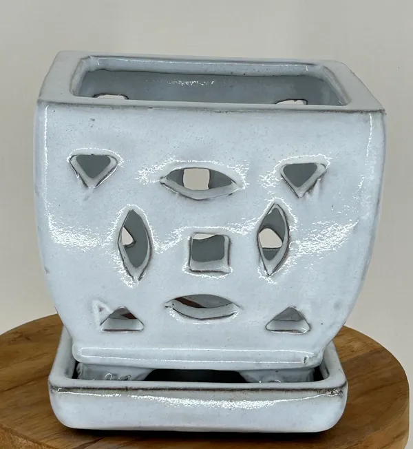 White Ceramic Orchid Pot, Square With Attached Humidity Drip Tray 5.25" x 5.5" x 5.25" tall