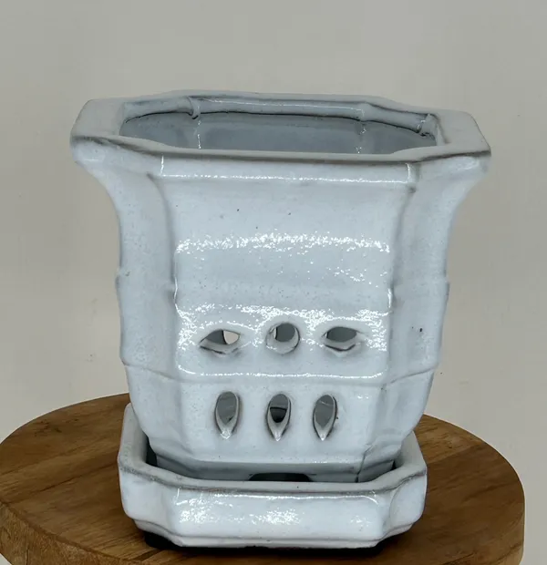 White Ceramic Orchid Pot Square with Indented Corners with Drip Tray 5.5" x 5.5" x 5.25" tall